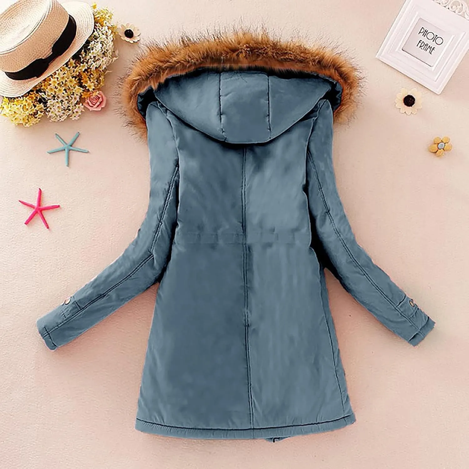 Womens Winter Fashion Warm Slim Fleece Lined Hooded Jackets Thickened Trendy Coats with Faux Fur Hood
