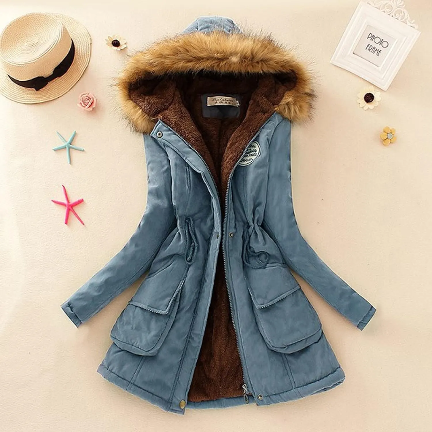 Womens Winter Fashion Warm Slim Fleece Lined Hooded Jackets Thickened Trendy Coats with Faux Fur Hood