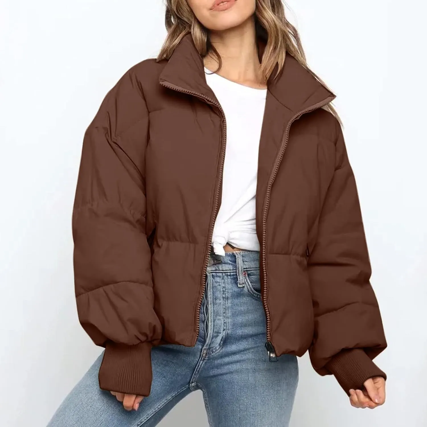 Women’s Winter Warm Cropped Puffer Jacket Coat Casual Quilted Baggy Long Sleeve Zip Down Sherpa Jackets Outerwear