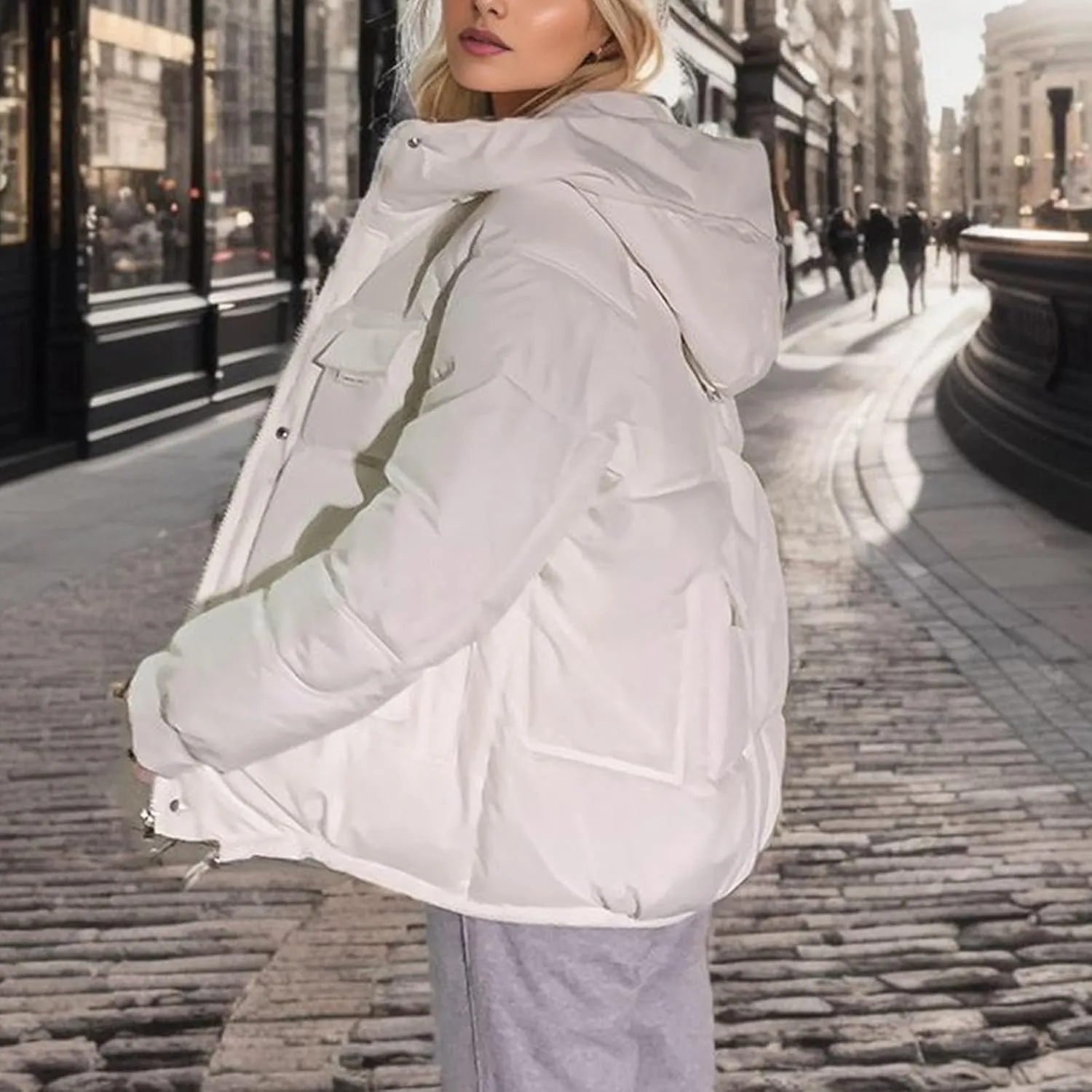 XUNRYAN Puffer Jackets Womens Baggy Winter Warm Down Coat Quilted Lightweight Cropped Jackets Outdoor Overcoat Activewear