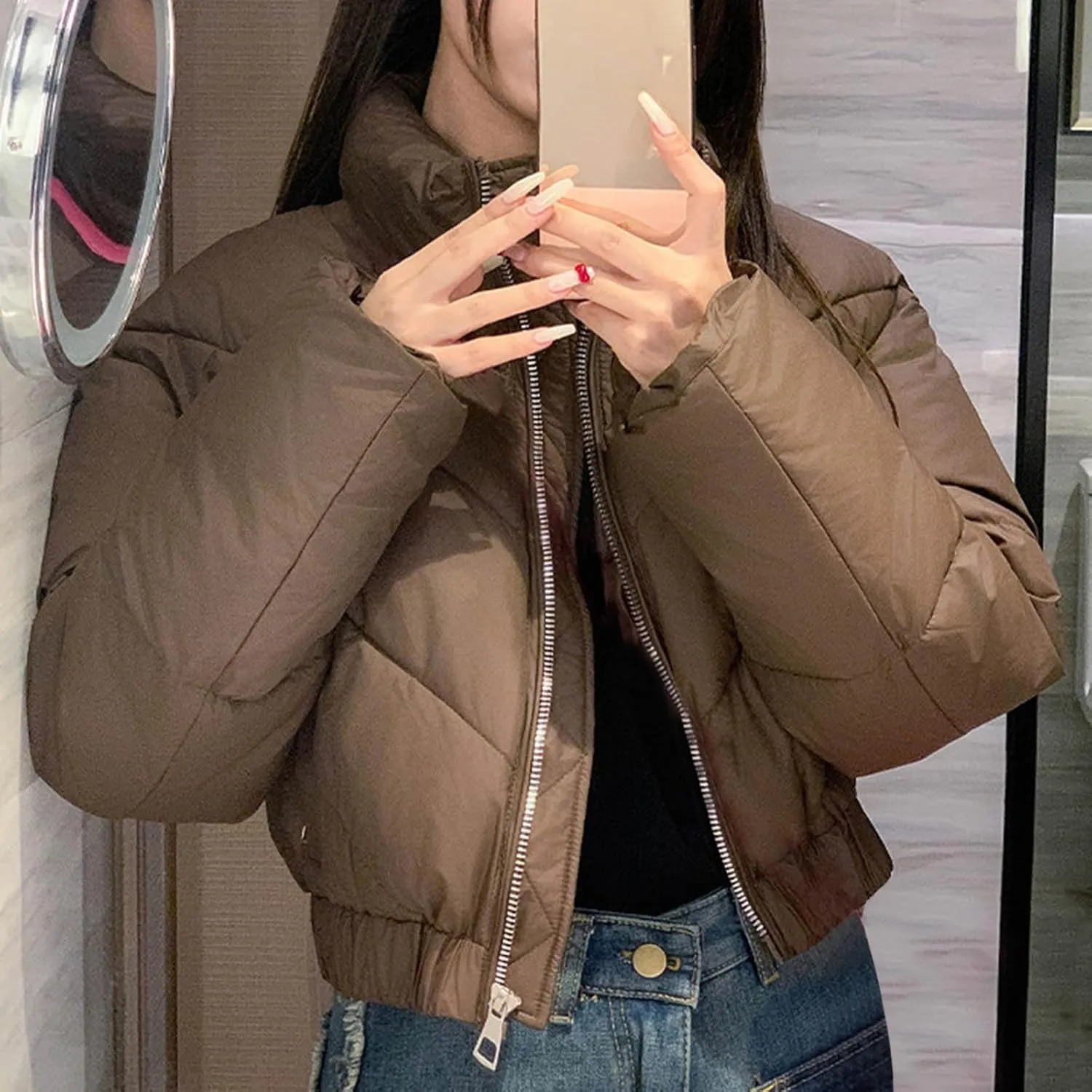 XUNRYAN Puffer Jackets Womens Winter Warm Down Coat Cropped Fashion Anorak Parka Thicken Quilted Jackets Full Zip Outerwear