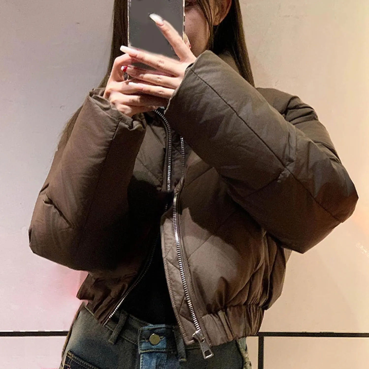 XUNRYAN Puffer Jackets Womens Winter Warm Down Coat Cropped Fashion Anorak Parka Thicken Quilted Jackets Full Zip Outerwear