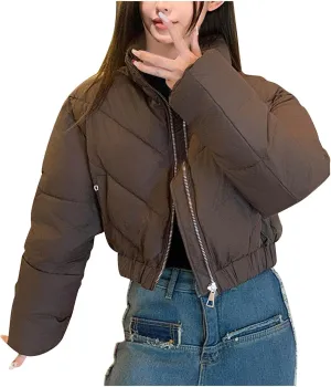 XUNRYAN Puffer Jackets Womens Winter Warm Down Coat Cropped Fashion Anorak Parka Thicken Quilted Jackets Full Zip Outerwear