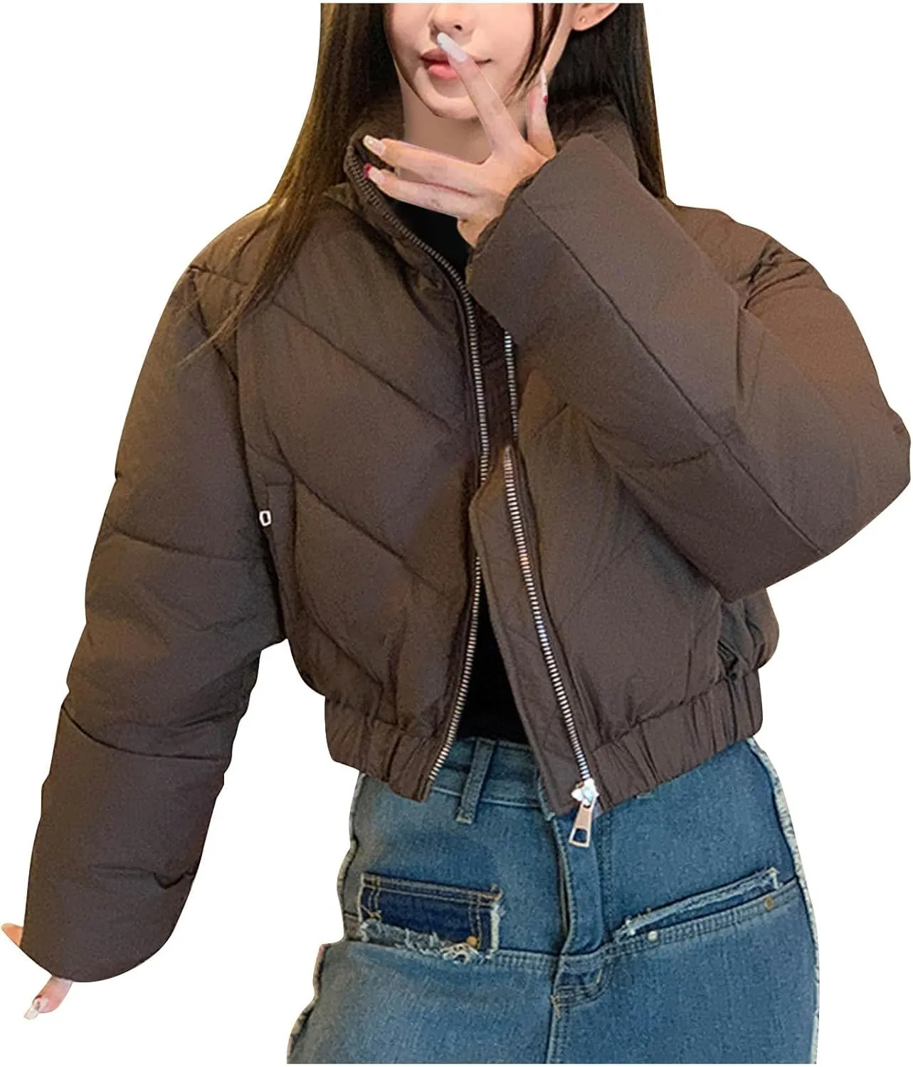 XUNRYAN Puffer Jackets Womens Winter Warm Down Coat Cropped Fashion Anorak Parka Thicken Quilted Jackets Full Zip Outerwear