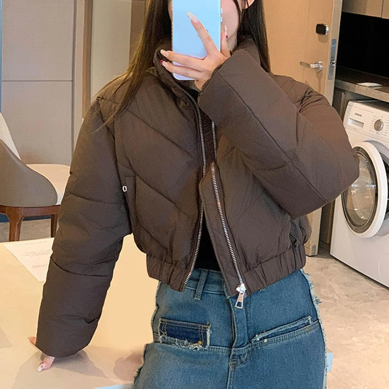 XUNRYAN Puffer Jackets Womens Winter Warm Down Coat Cropped Fashion Anorak Parka Thicken Quilted Jackets Full Zip Outerwear