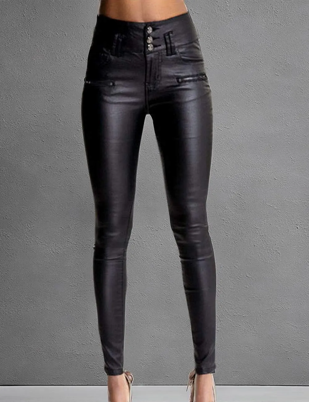 xxxiticat Women's Black Stretch Jeans Button Closure Zipper Up High Waisted PU Biker Slim Trousers Faux Leather Skinny Pants
