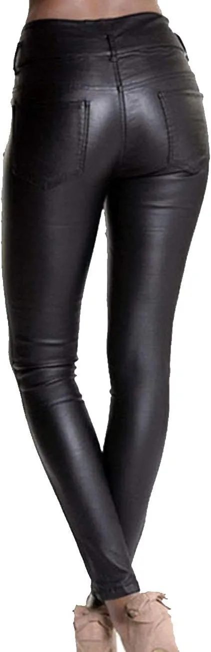 xxxiticat Women's Black Stretch Jeans Button Closure Zipper Up High Waisted PU Biker Slim Trousers Faux Leather Skinny Pants