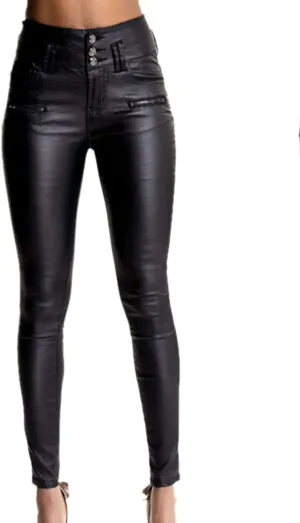 xxxiticat Women's Black Stretch Jeans Button Closure Zipper Up High Waisted PU Biker Slim Trousers Faux Leather Skinny Pants
