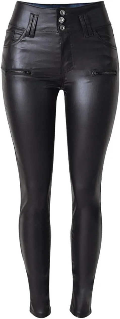 xxxiticat Women's Black Stretch Jeans Button Closure Zipper Up High Waisted PU Biker Slim Trousers Faux Leather Skinny Pants