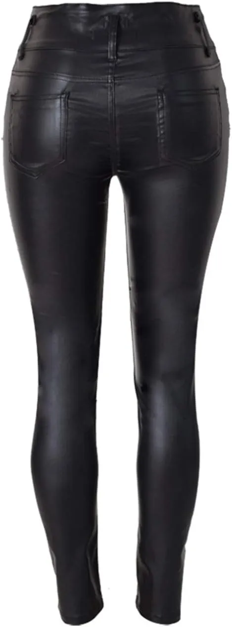 xxxiticat Women's Black Stretch Jeans Button Closure Zipper Up High Waisted PU Biker Slim Trousers Faux Leather Skinny Pants