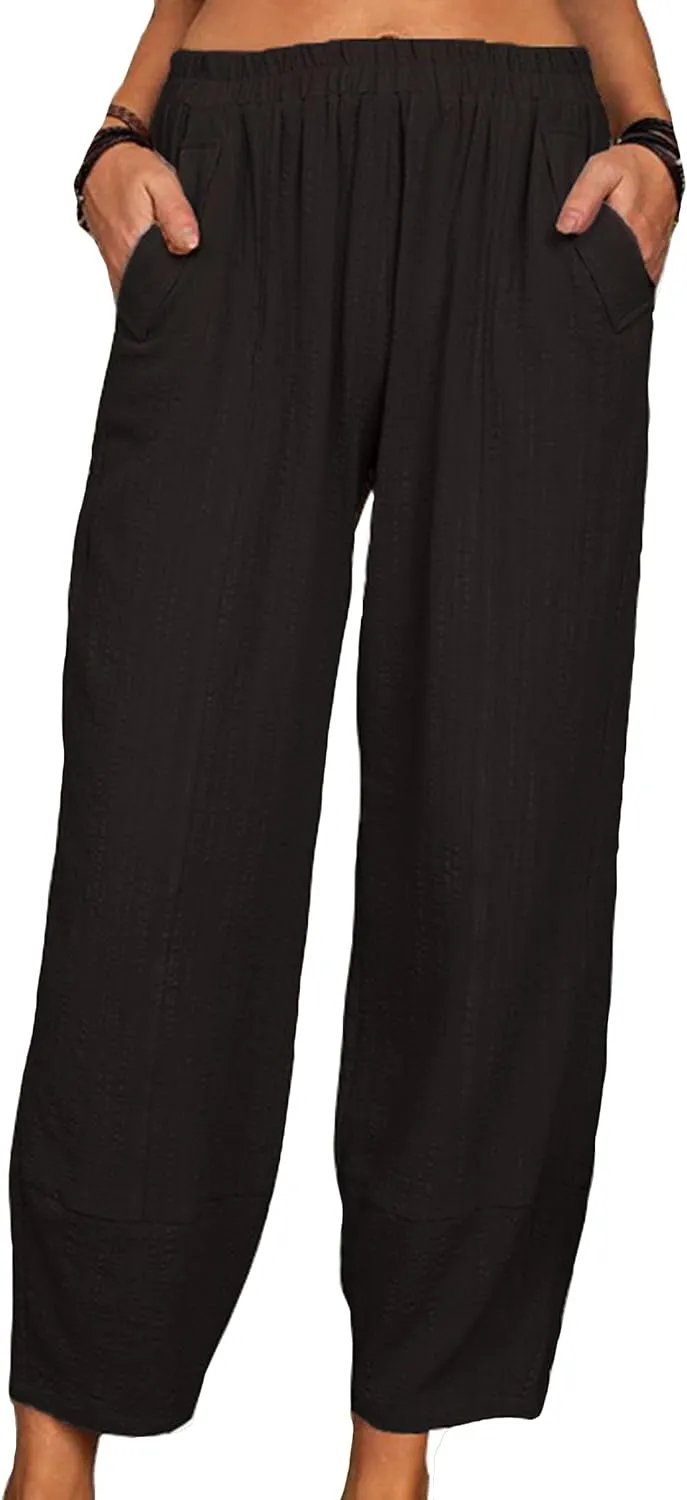 YMING Womens Casual Harem Pants Solid Color Elastic Waist Pants Cotton Linen Loose Trousers with Pockets