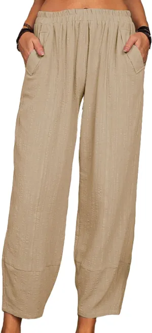 YMING Womens Casual Harem Pants Solid Color Elastic Waist Pants Cotton Linen Loose Trousers with Pockets