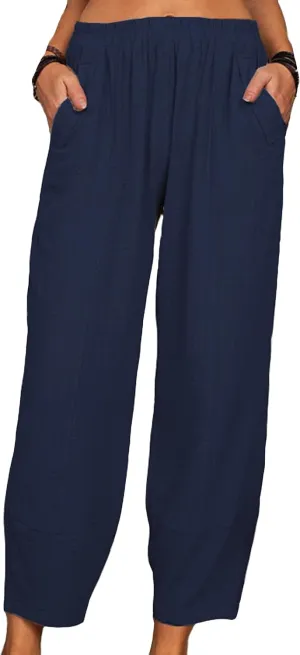 YMING Womens Casual Harem Pants Solid Color Elastic Waist Pants Cotton Linen Loose Trousers with Pockets