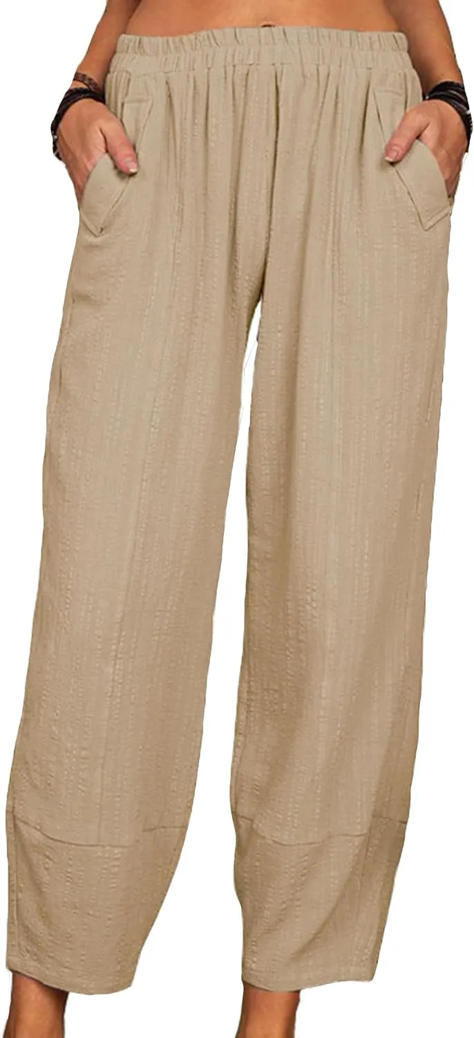 YMING Womens Casual Harem Pants Solid Color Elastic Waist Pants Cotton Linen Loose Trousers with Pockets