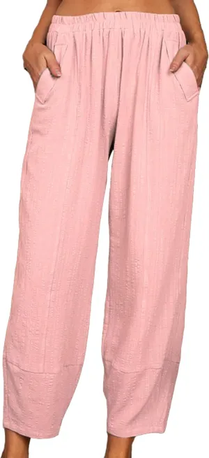 YMING Womens Casual Harem Pants Solid Color Elastic Waist Pants Cotton Linen Loose Trousers with Pockets