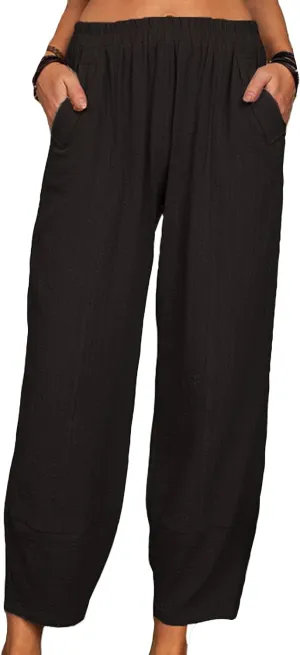 YMING Womens Casual Harem Pants Solid Color Elastic Waist Pants Cotton Linen Loose Trousers with Pockets