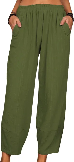YMING Womens Casual Harem Pants Solid Color Elastic Waist Pants Cotton Linen Loose Trousers with Pockets