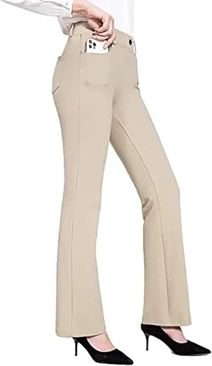 YOLAI Fashion Women's Solid Color Dress Pants Straight Leg Work Pants Business Office High Waist Casual Trousers with