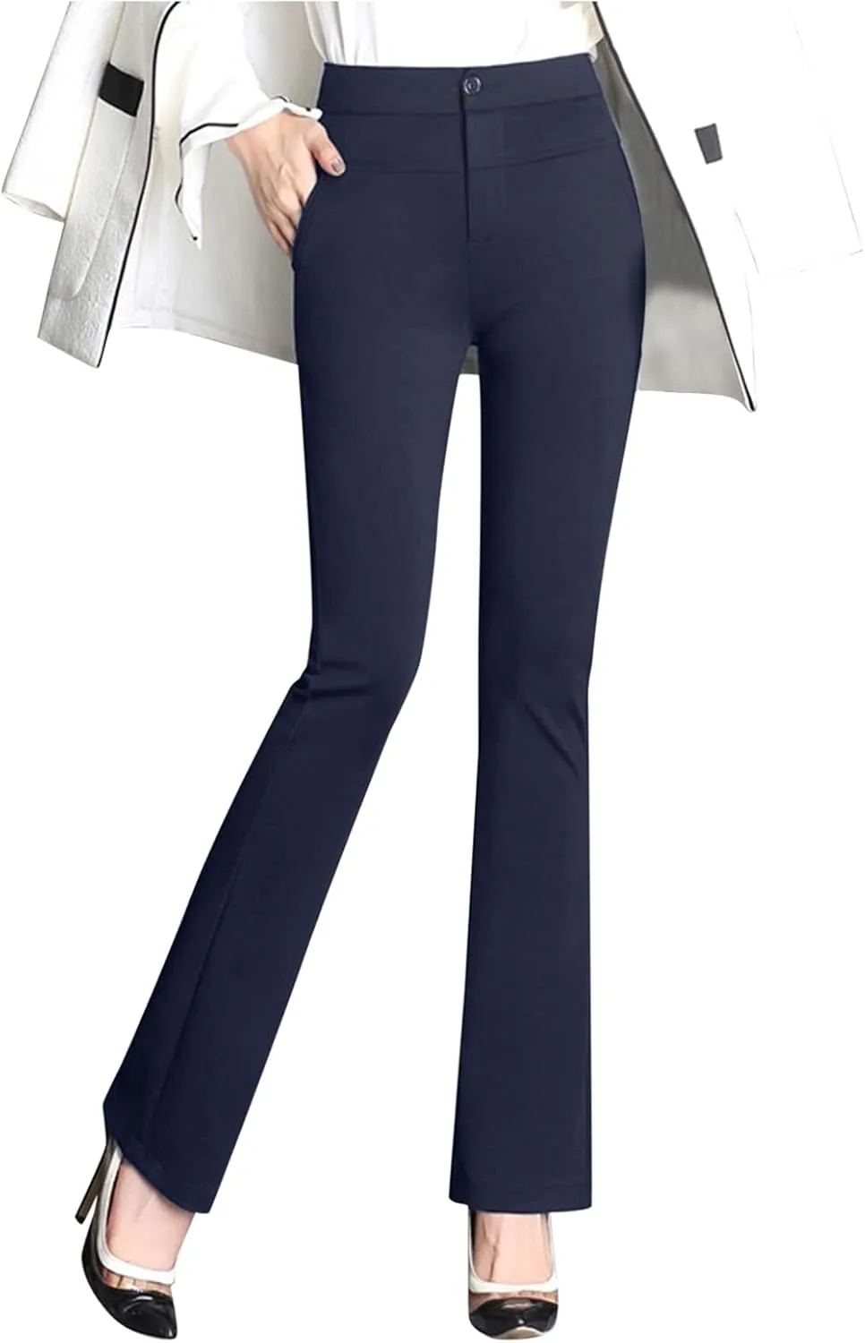 YOLAI Women Dress Pants Work Business Pants Solid Color High Waist Stretchy Pants Straight Leg Trousers
