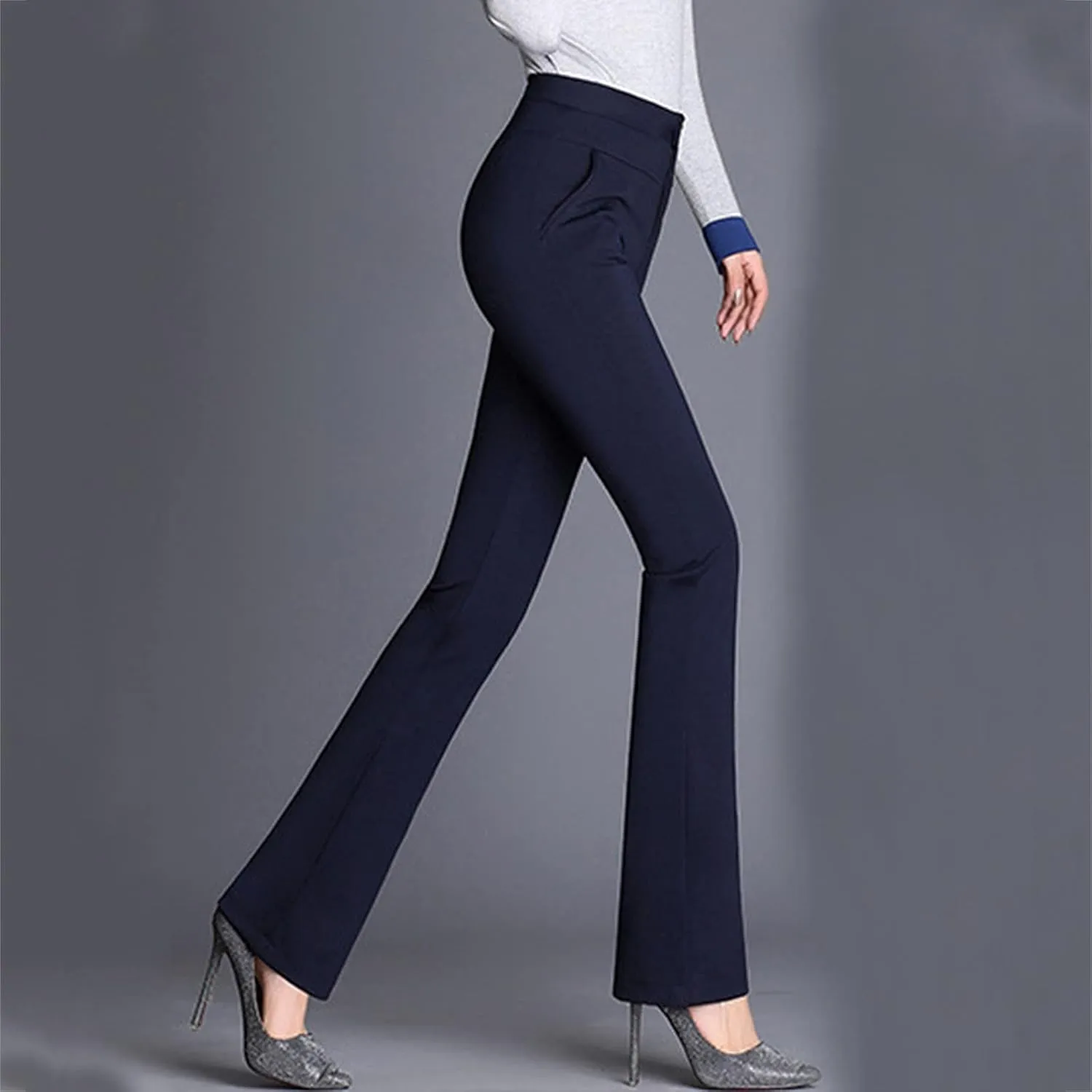 YOLAI Women Dress Pants Work Business Pants Solid Color High Waist Stretchy Pants Straight Leg Trousers