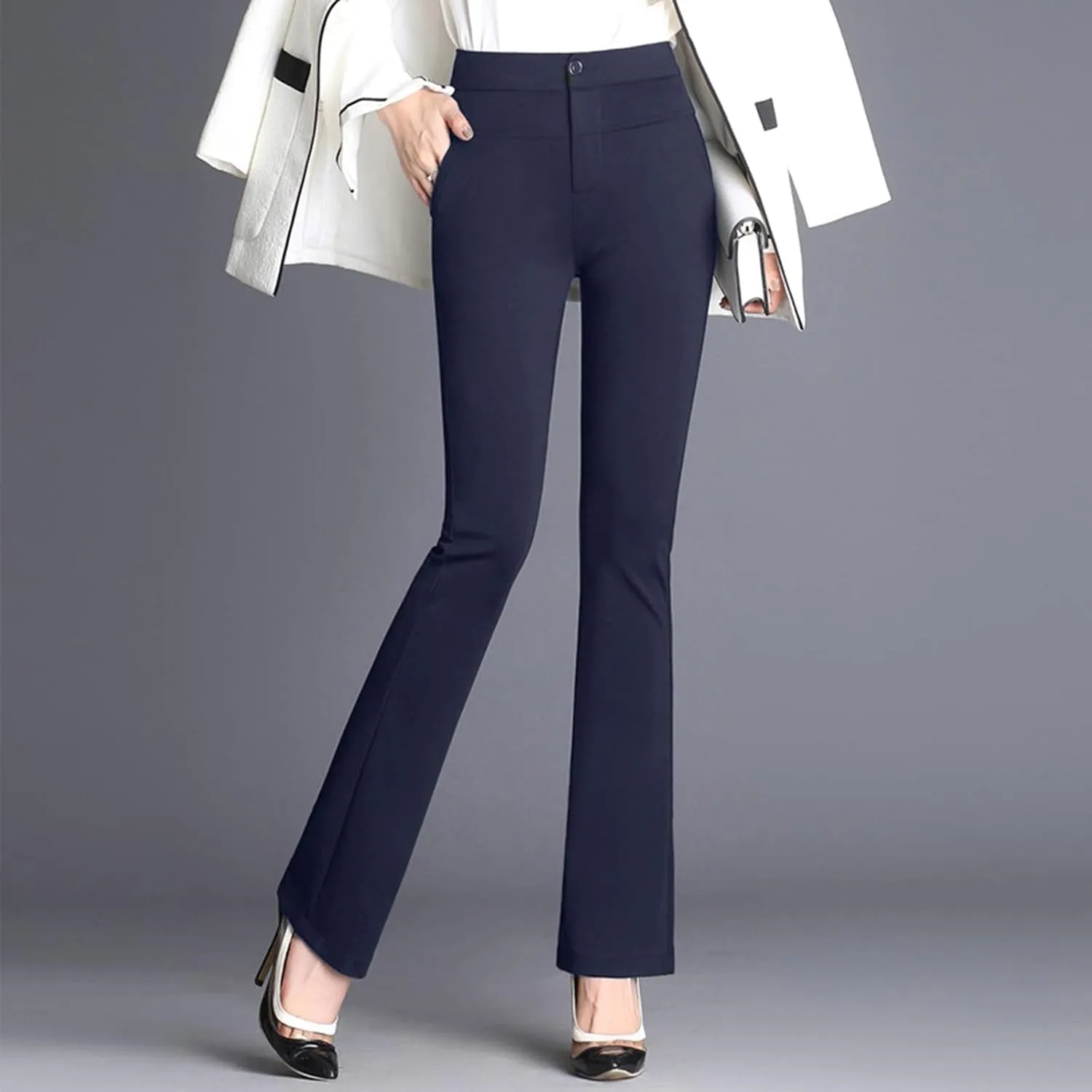 YOLAI Women Dress Pants Work Business Pants Solid Color High Waist Stretchy Pants Straight Leg Trousers