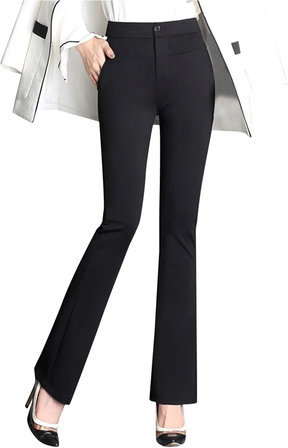 YOLAI Women Dress Pants Work Business Pants Solid Color High Waist Stretchy Pants Straight Leg Trousers