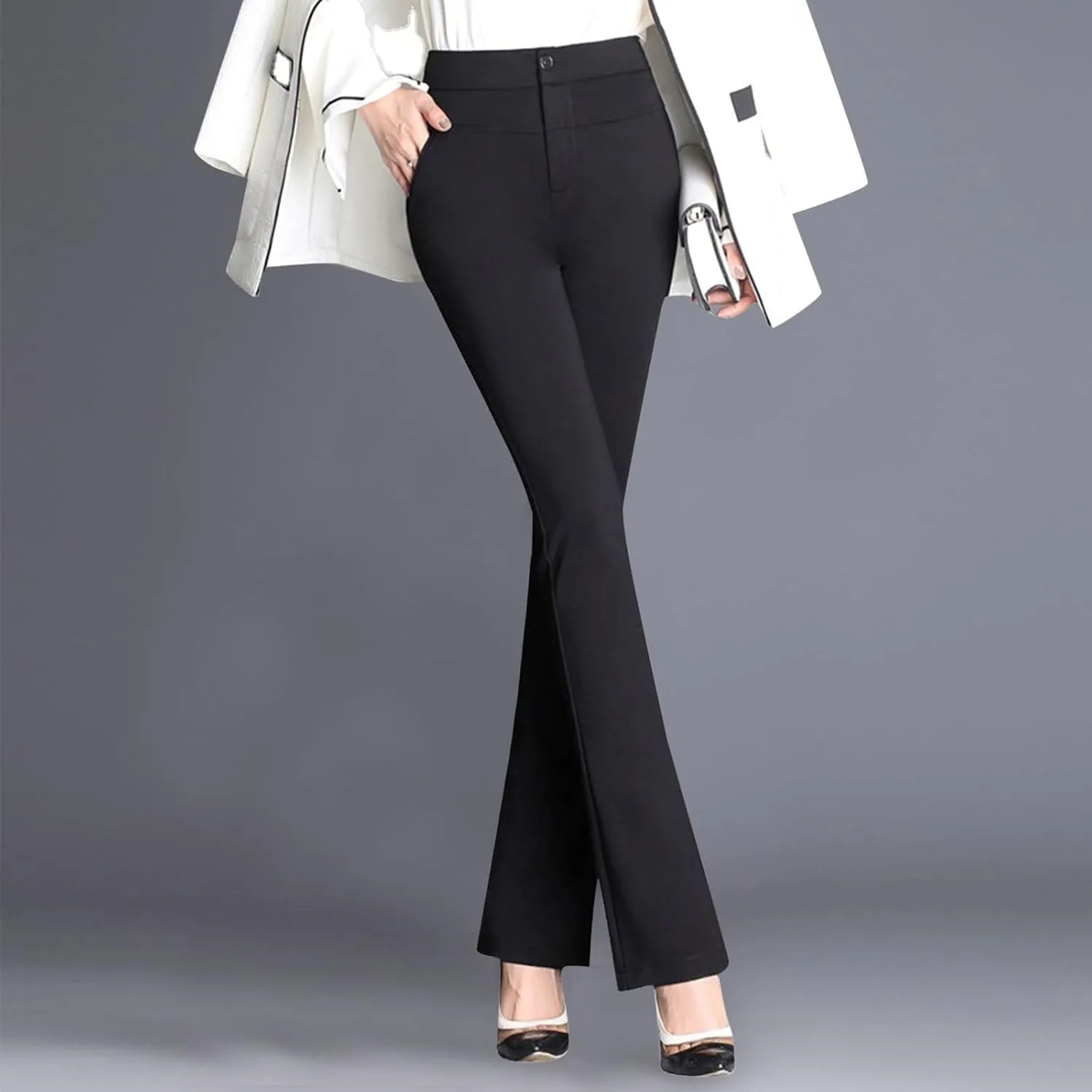 YOLAI Women Dress Pants Work Business Pants Solid Color High Waist Stretchy Pants Straight Leg Trousers