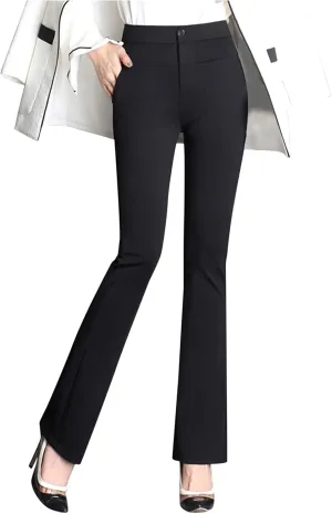 YOLAI Women Dress Pants Work Business Pants Solid Color High Waist Stretchy Pants Straight Leg Trousers