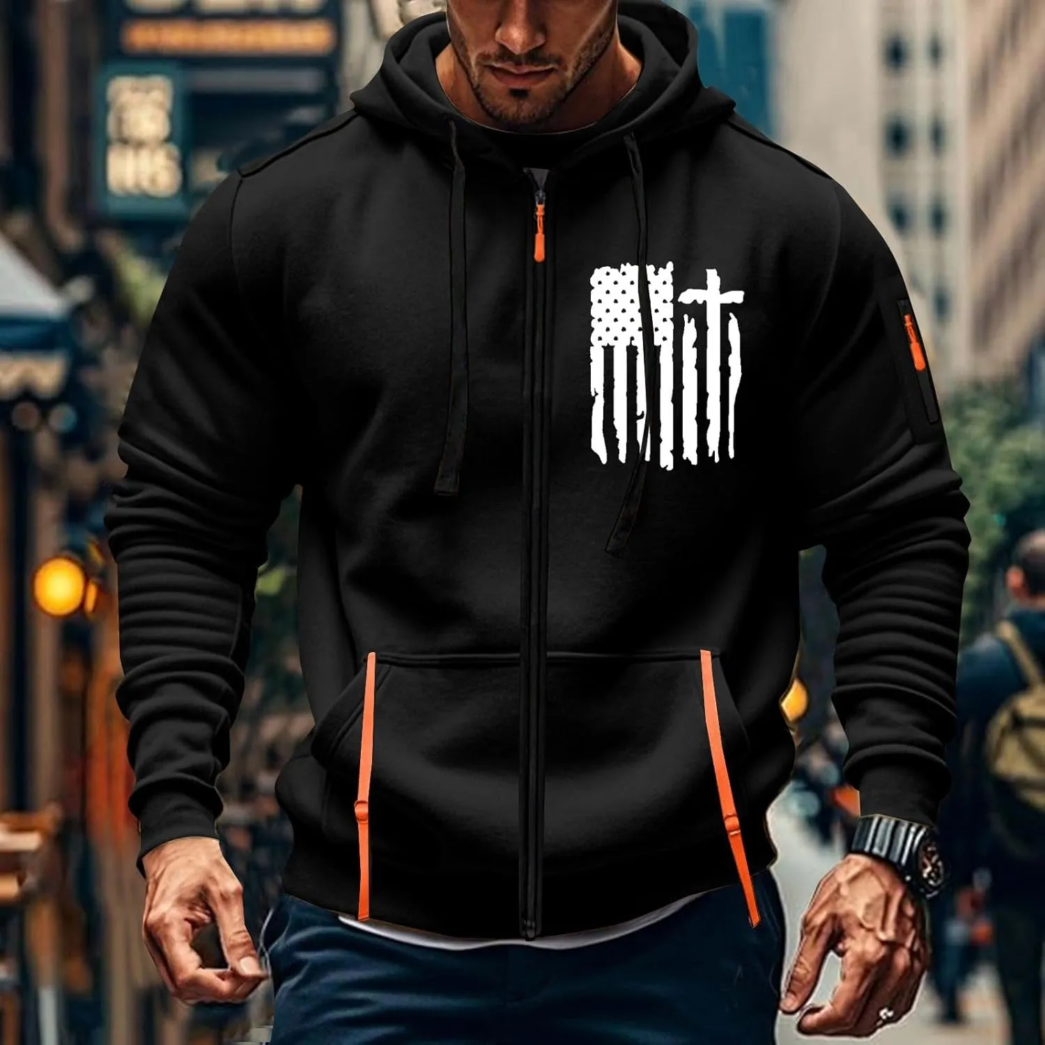 ZEFOTIM Men Zip Up Hoodie American Flag Hoodie Vintage Comfy Sports Long Sleeve Drawstring Sweatshirts with Pocket