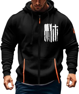 ZEFOTIM Men Zip Up Hoodie American Flag Hoodie Vintage Comfy Sports Long Sleeve Drawstring Sweatshirts with Pocket